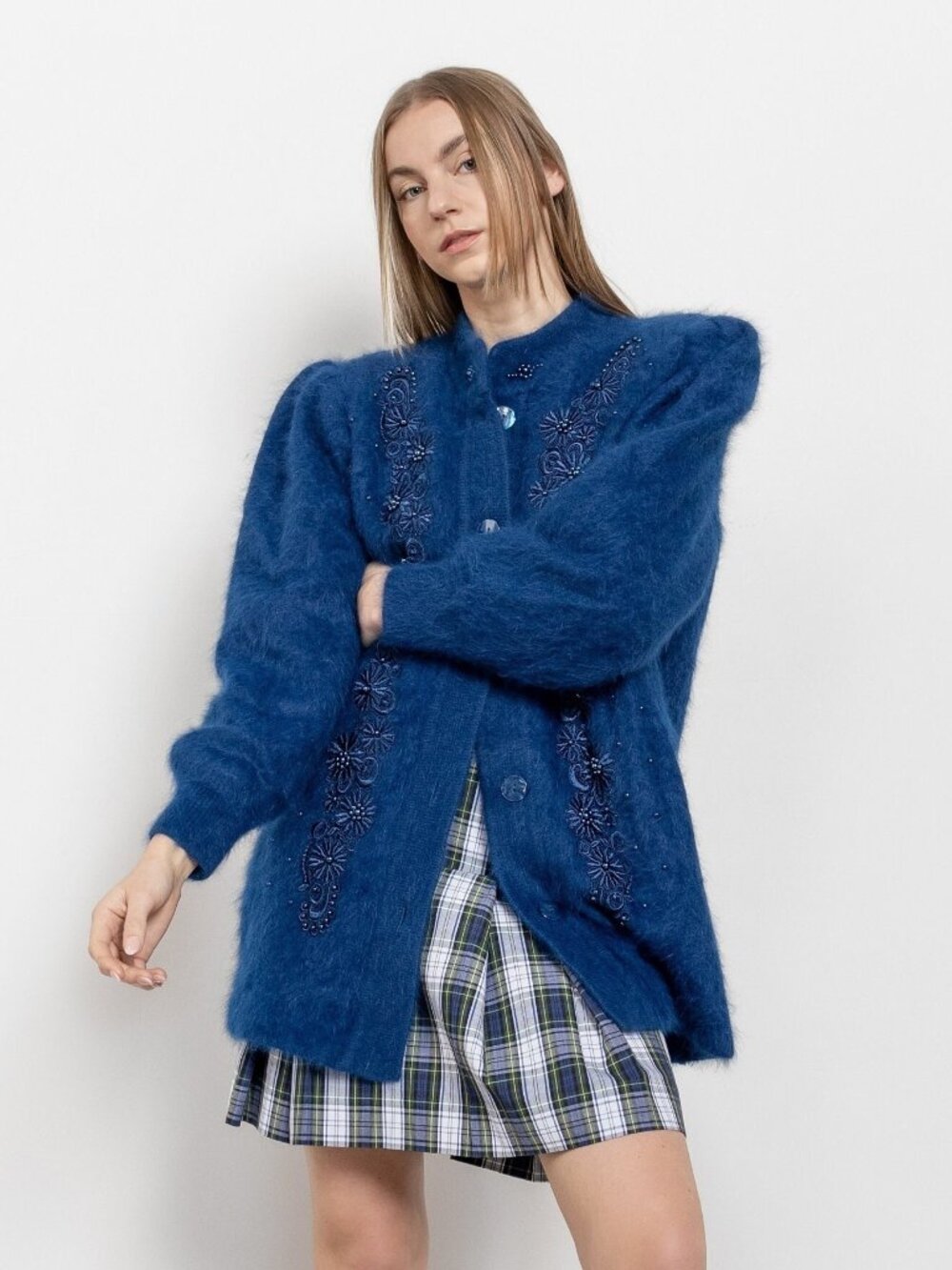 BLUE ANGORA CARDIGAN Beaded Longline Vintage Jumper Wool Lined Embellished Cozy